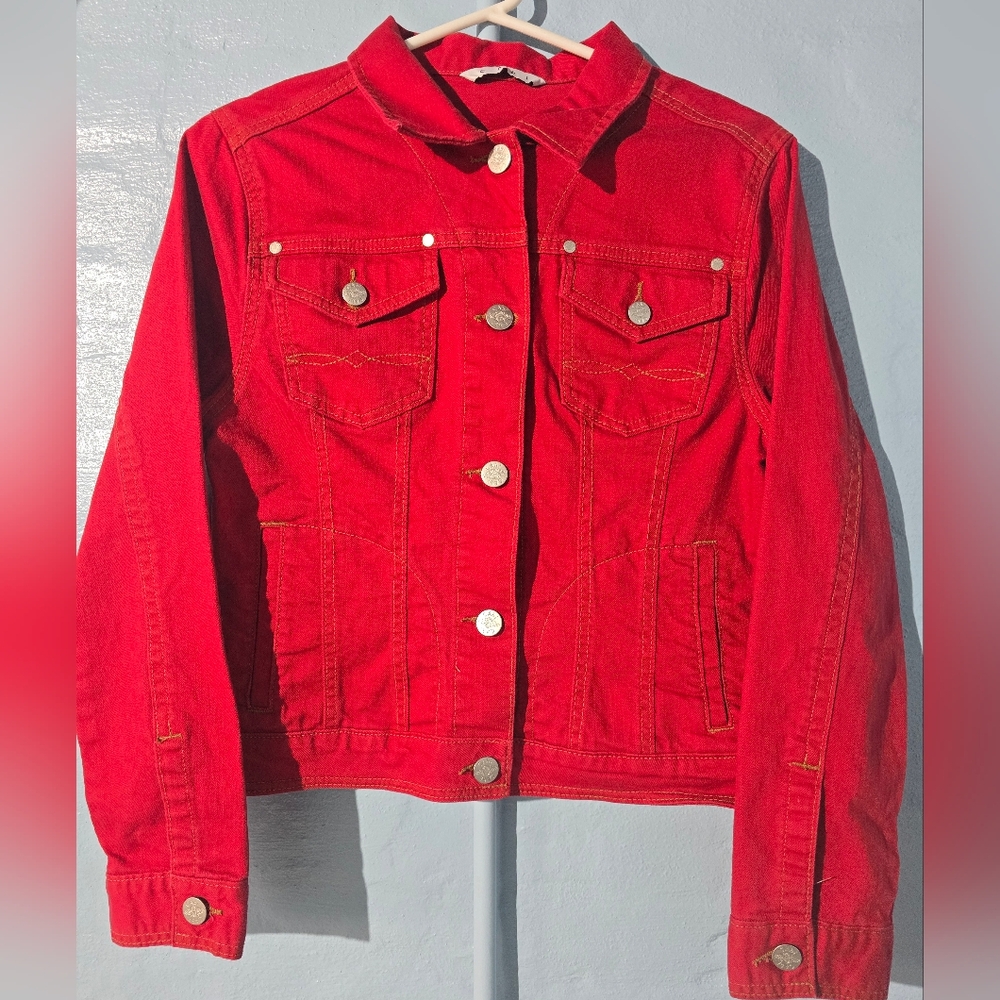 CAbi Bright Red Denim Jacket with Contrast Stitching